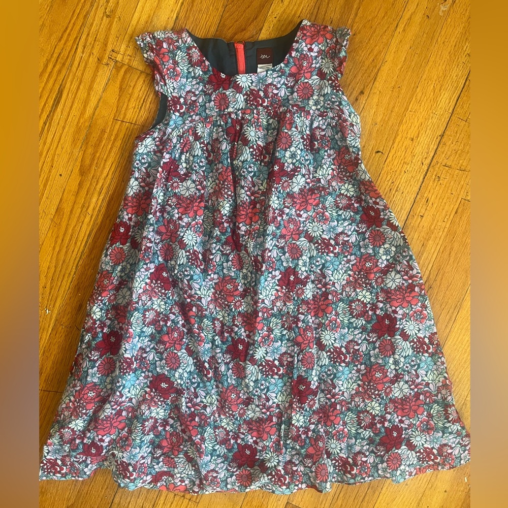 Tea Collection size 7 Years Blue Pink Floral Short Sleeve Lined Cotton Dress